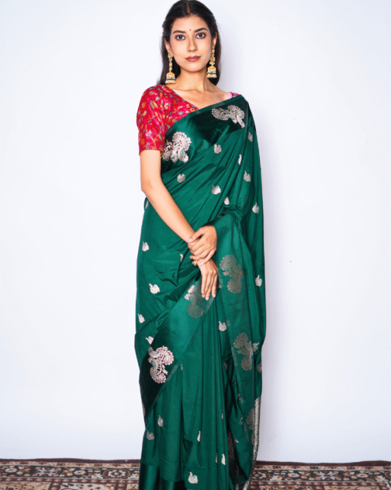 Bottle Green Silk Saree With Gold Zari Work