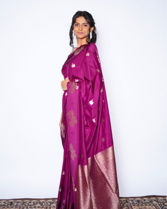 Wine Silk Saree with gold zari work