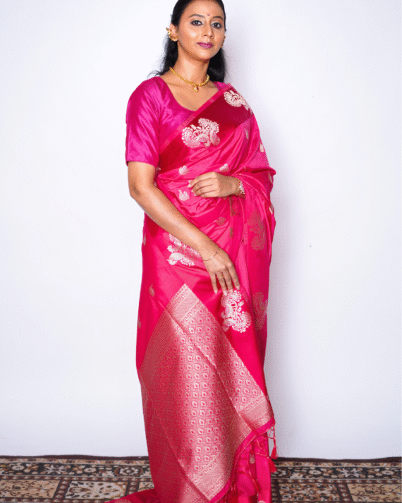Fuchsia Pink Saree with Gold Embroidery and Pallu Tassels