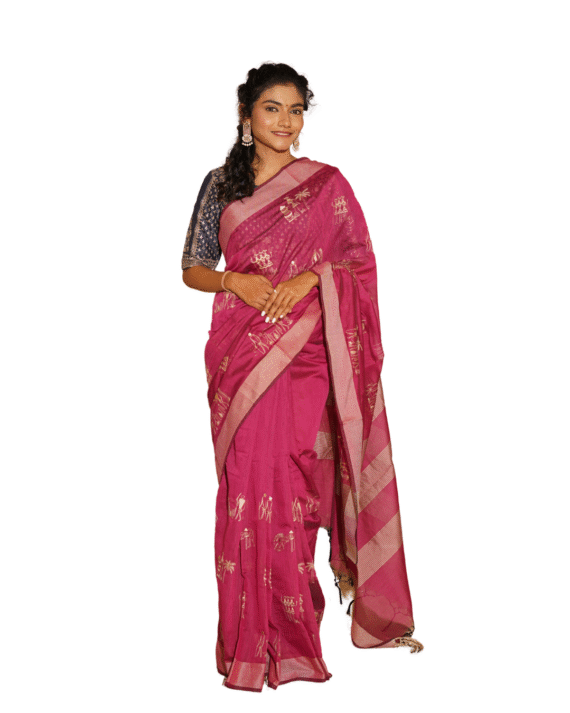 Rani Pink Warli Print Cotton Saree with Contrast Border