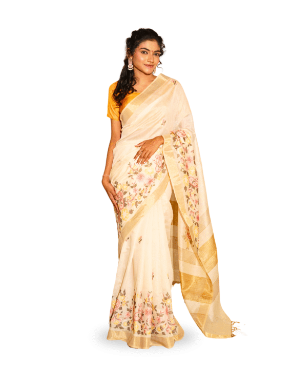 Elegant Linen Floral Print Saree