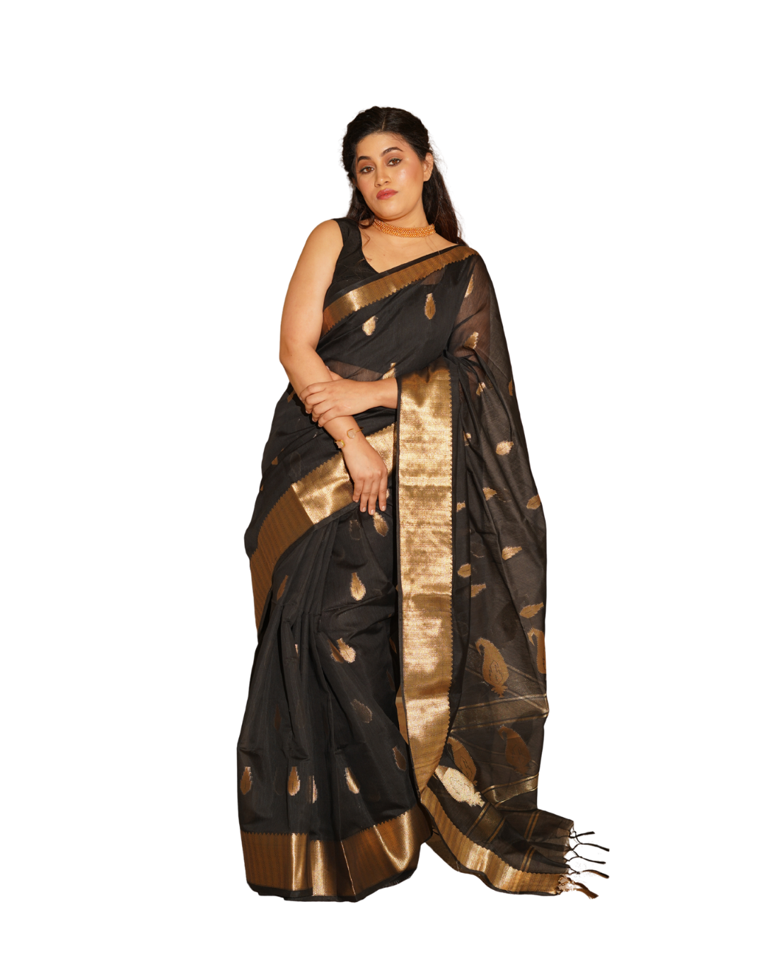 BLACK & GOLD HANDWOVEN MAHESHWARI SAREE
