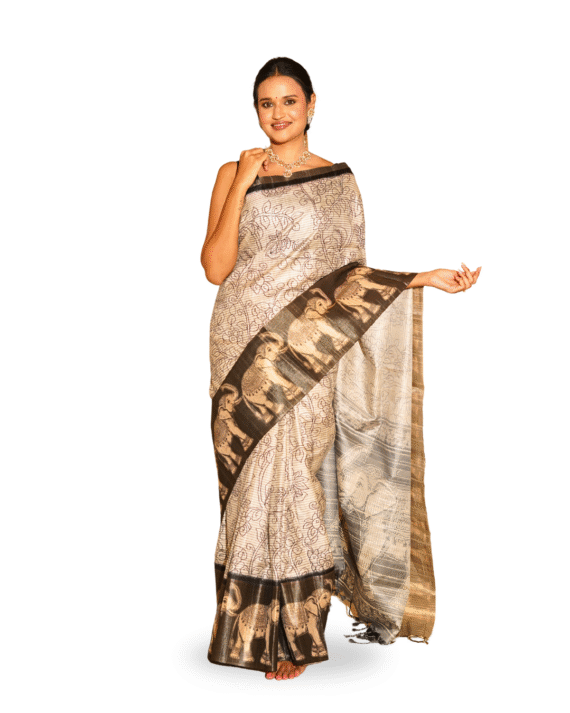 Ivory & Black Art-Inspired Saree with Elephant Motif Border