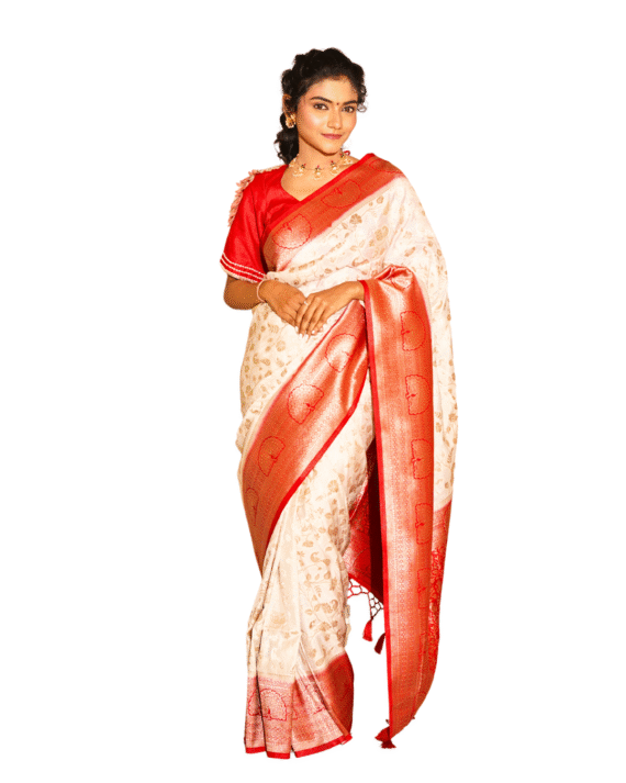 Ivory & Red Soft Silk Paithani Saree with Peacock Border