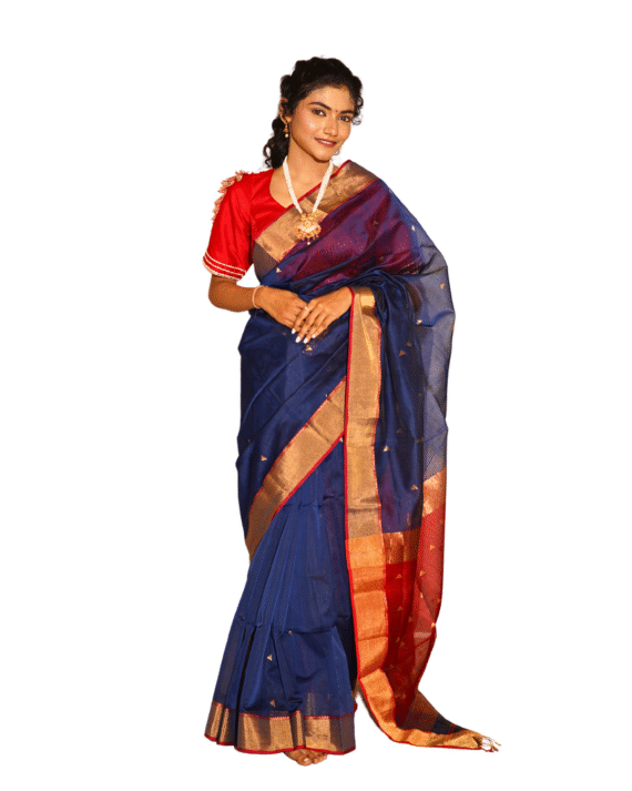 Royal Blue Maheshwari Saree with Contrast Zari Border