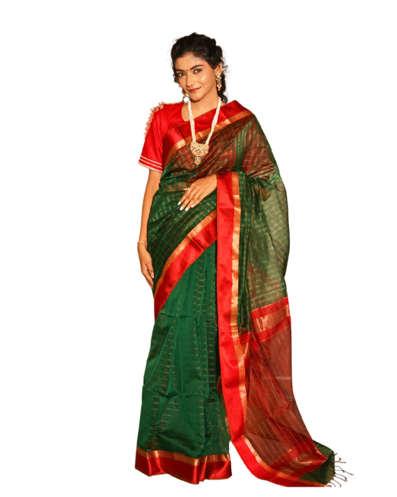 Emerald Green Maheshwari Saree with Rich Contrast Border