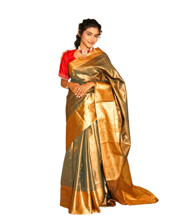 Olive Green Tissue Silk Saree With Zari Border