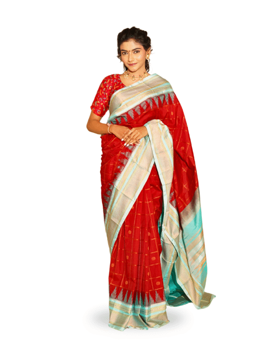 Red Checked Saree with Contrast Temple Border