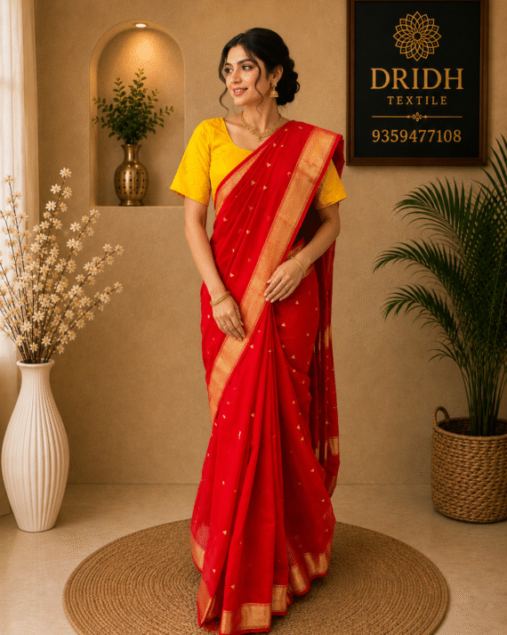 CRIMSON RED COTTON MAHESHWARI SAREE