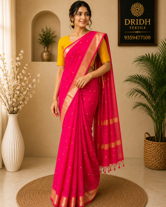 HOT PINK COTTON MAHESHWARI SAREE