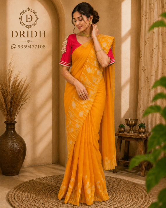BRIGHT YELLOW SUPERNET SAREE
