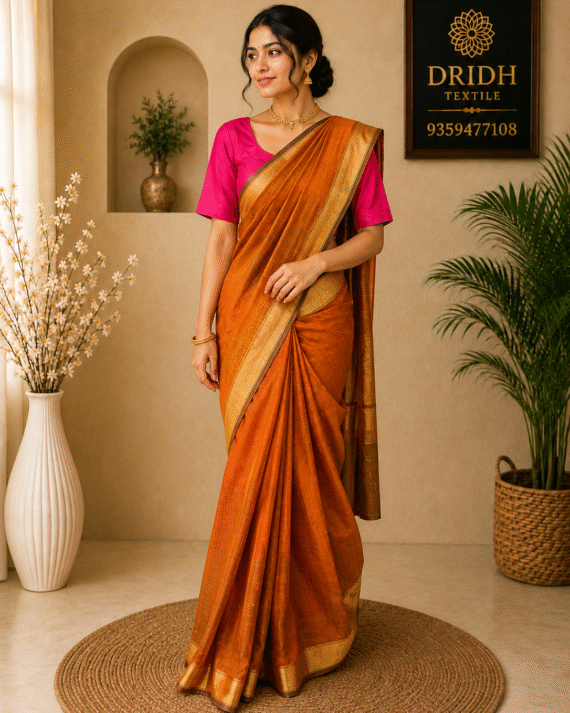 Rust orange checks Maheshwari Saree