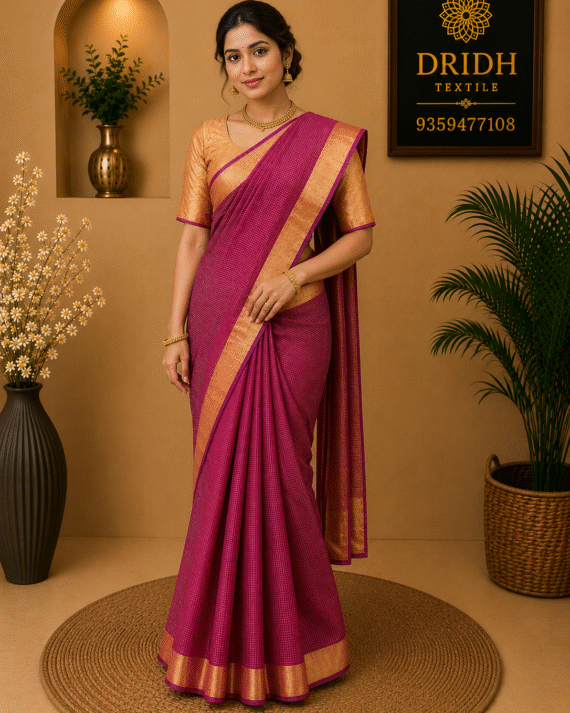 Magenta pink checks  Maheshwari Saree
