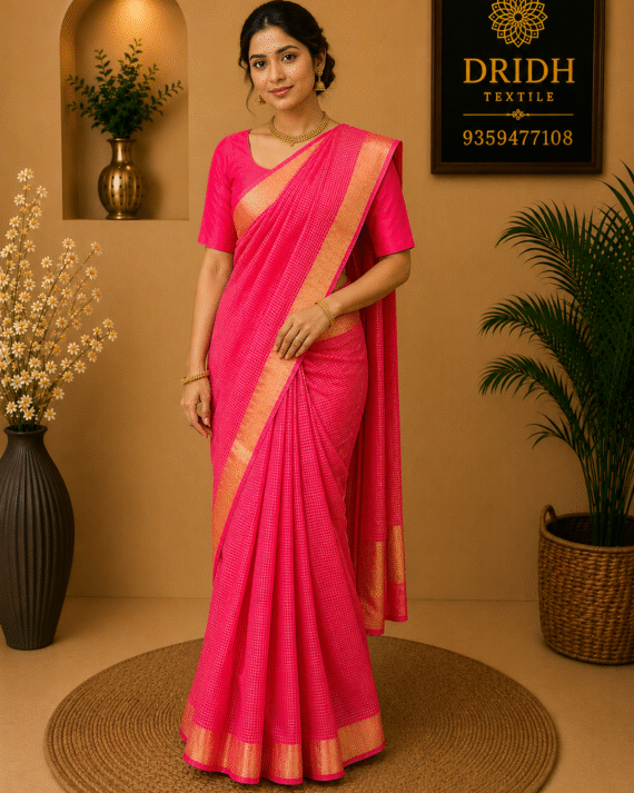 Hot Pink checks  Maheshwari Cotton Saree