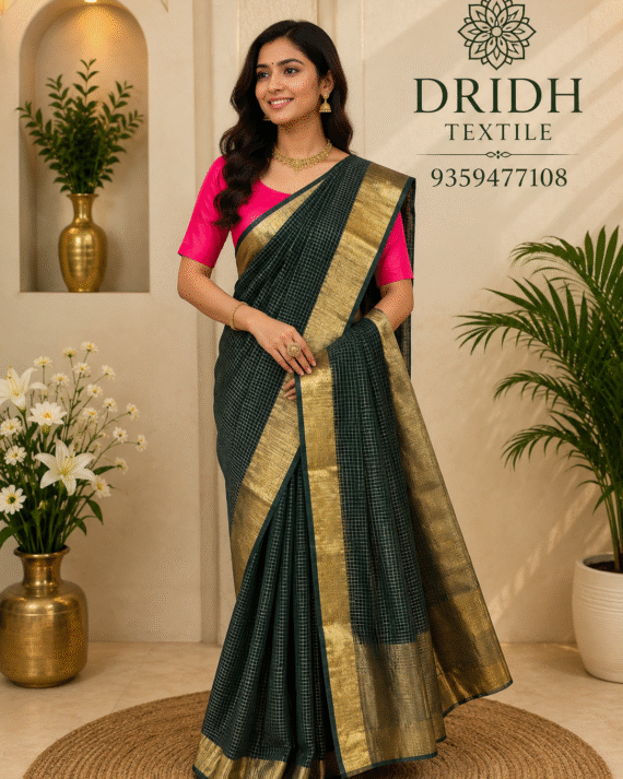 Dark green checks Maheshwari Saree