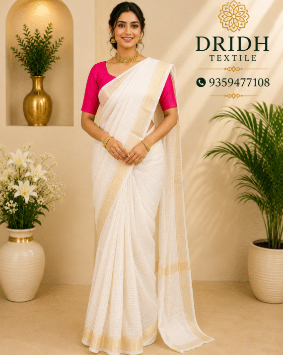 Ivory checks  Maheshwari Saree