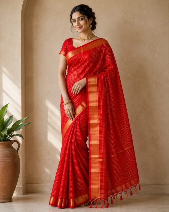 Red checks Maheshwari Cotton Saree