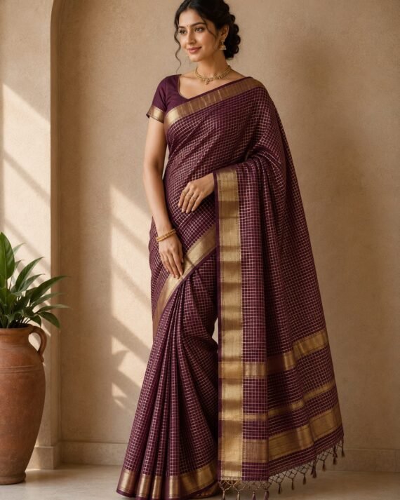 Wine checks Maheshwari Cotton  Saree